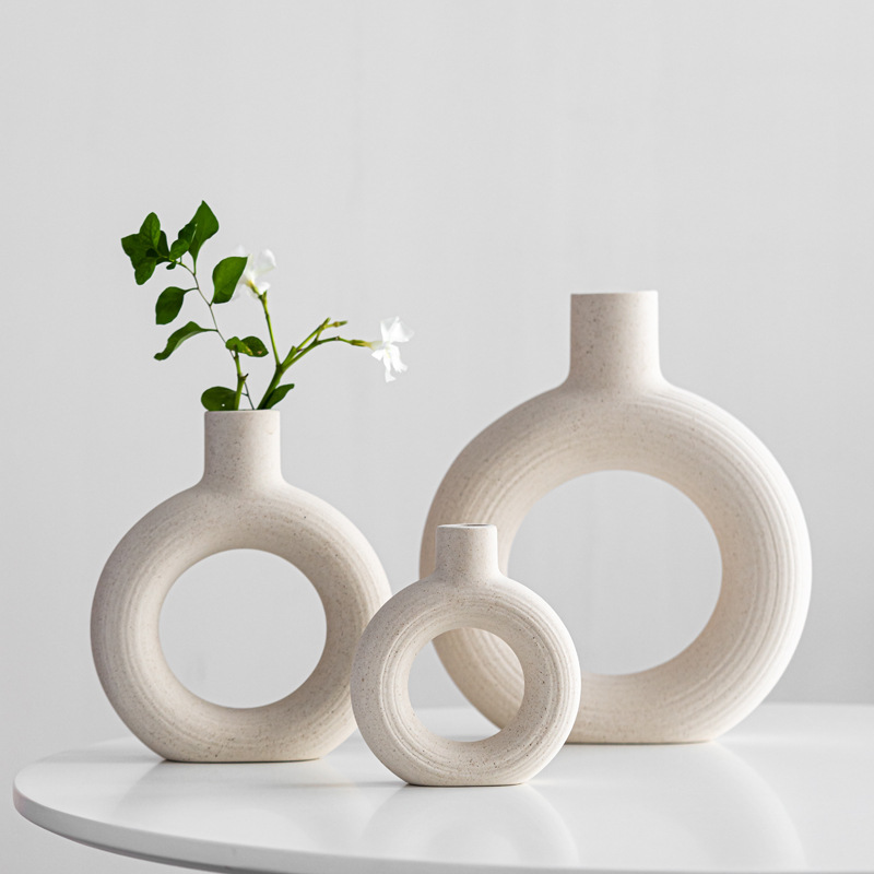 Ceramic hollow doughnut vase grey white vase decoration Nordic Minimalism style decoration wedding table party living room office bedroom