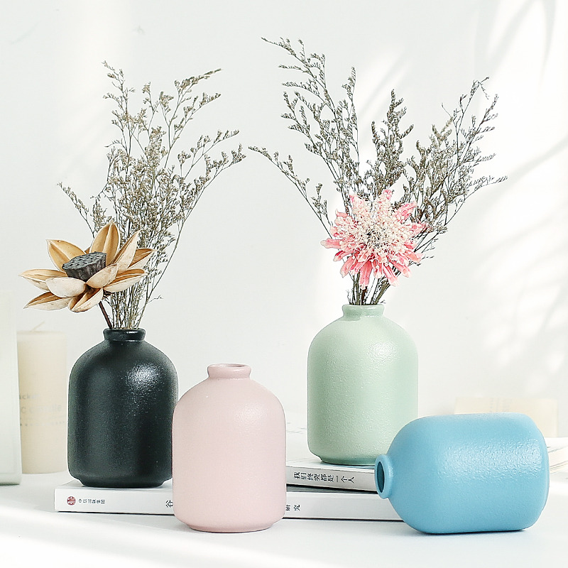 Mini ceramic vase, small Bohemian rural decorative vase for dining table decoration, modern farmhouse, family living room, fireplace, kitchen decoration, blue pink, black green