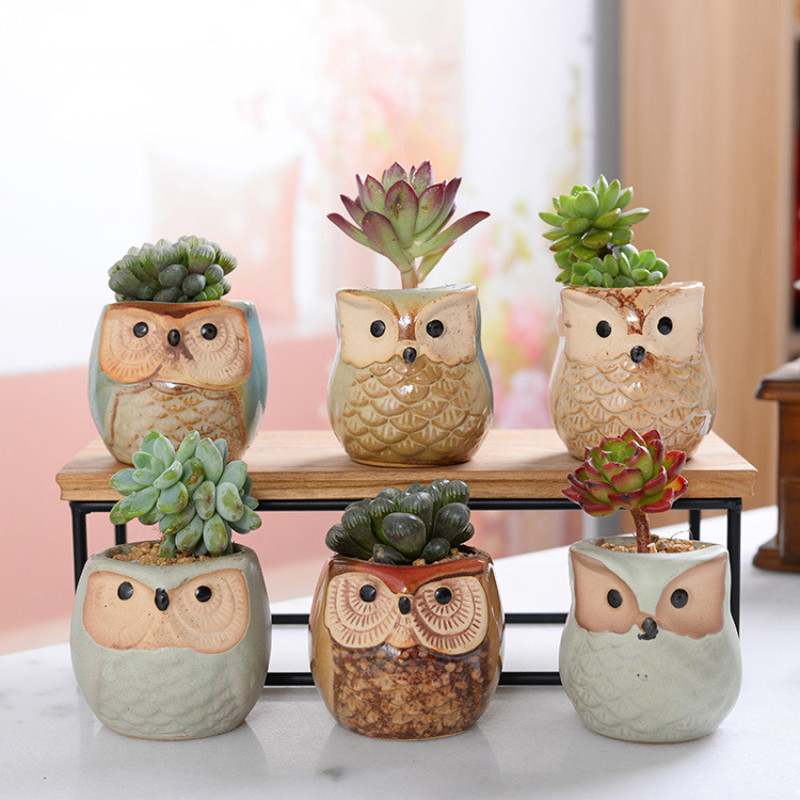 Owl Pot Ceramic Succulent Plant Pot Cactus Plant Pot Flower Pot Container Planter with Drainage Hole Home Office Desk Garden Gift Idea