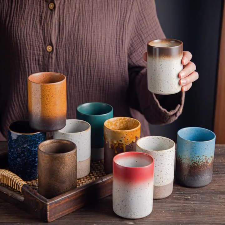 Ceramic Tea Cups Traditional Chinese and Japanese Style Yunomi Style Abstract Pattern Handless Ceramic Cups