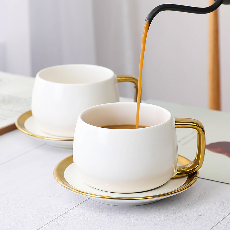 Tea Cup and  Saucer Set - Luxury Ceramic Latte Mug with Golden Spoon & Coffee Saucer – Fancy Gold Handle Coffee Cups Modern Teacup Set for Women, Men