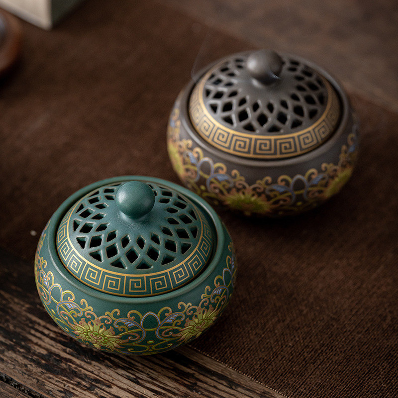Painted Round Ceramic Incense Burner Bowl  Stick Rope Dhoop Cone Ash Catcher Traditional Chinese Design Meditation
