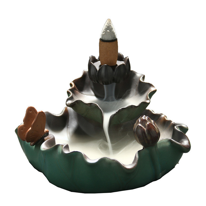 Lotus Leaf Ceramic Incense，Holder Waterfall Burner, Aromatherapy Ornament Home Office Yoga Room