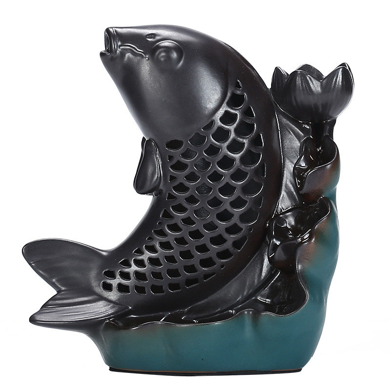 Garneck Ceramic Backflow Incense Burner Night Light Fish Incense Cone Sticks Holder Waterfall Burner for Aromatherapy Ornaments Home Office Yoga Room Decorations