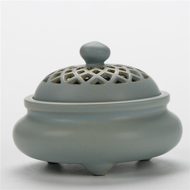 Wide Round Ceramic Incense Burner Bowl | Stick Rope Dhoop Cone Ash Catcher | Traditional Chinese Design Meditation