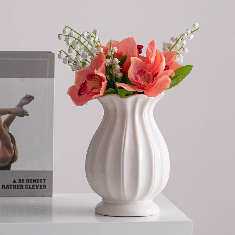 White Nordic large mouth minimalist ceramic decorative dry flower vases water raised flowers living room flower arrangement tabletop decorations