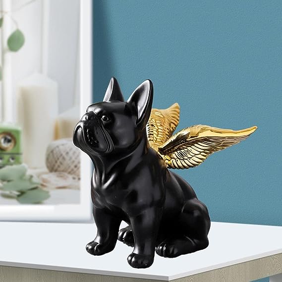 Small Statues for Decor at Home,Bulldog Statue Animals Golden Wings Black Dog Sculpture Ceramics Craft Modern Home Decor