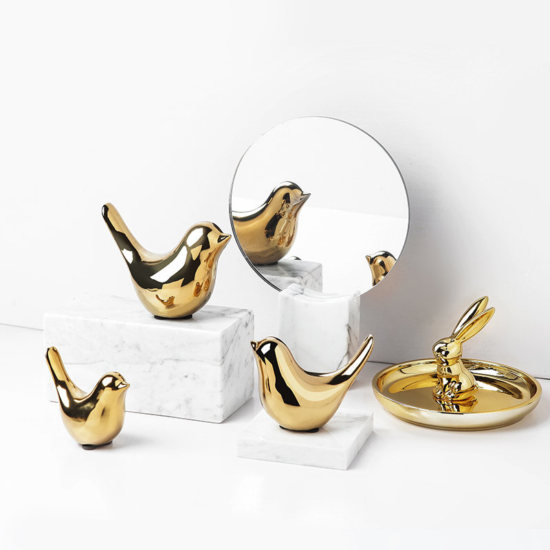Ceramics Gold Bird Animal Ornaments Decorative Statues Figurines Home Decor for Living Room Bedroom Office Desktop Cabinet Craft Bird Sculpture Ornaments