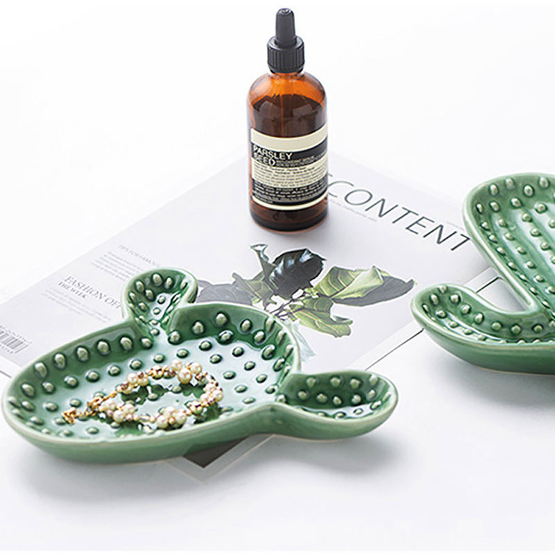 Green Cactus Shape Tray Ceramic Tray Rustic Farmhouse Design - For Stove Top and Kitchen Counter Dishwasher Safe