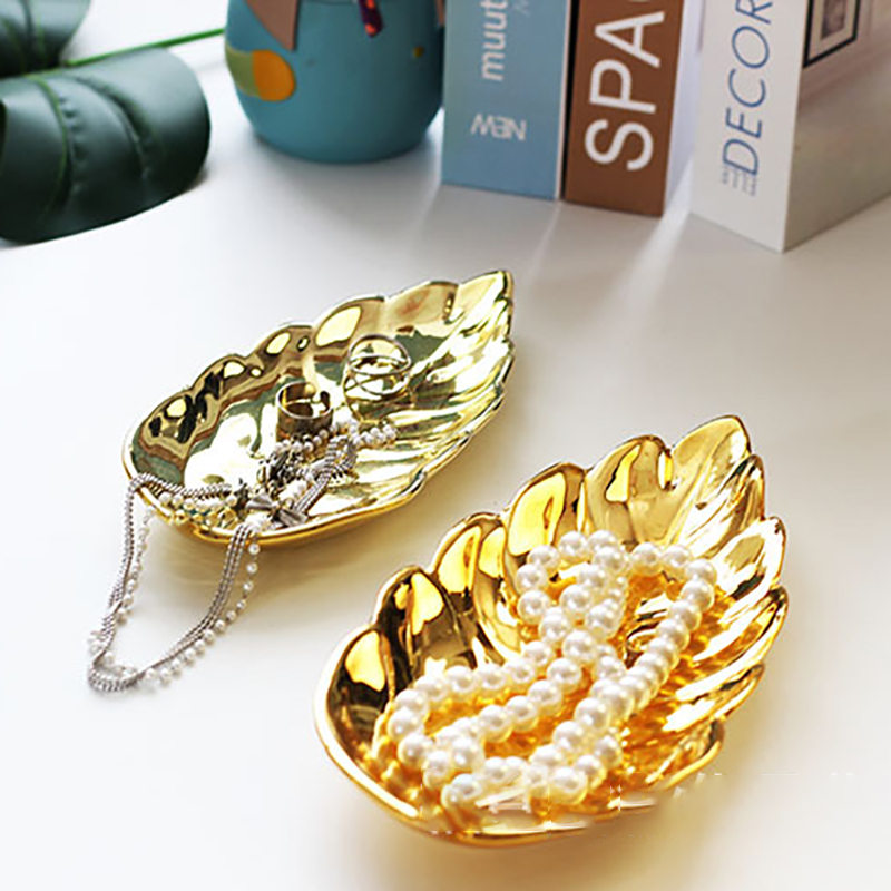 Ceramic Jewelry Dish Tray Golden Small Leaf Shape Jewelry Dish Ring Holder Candy Plate Organizer for Bracelet Earrings Necklace