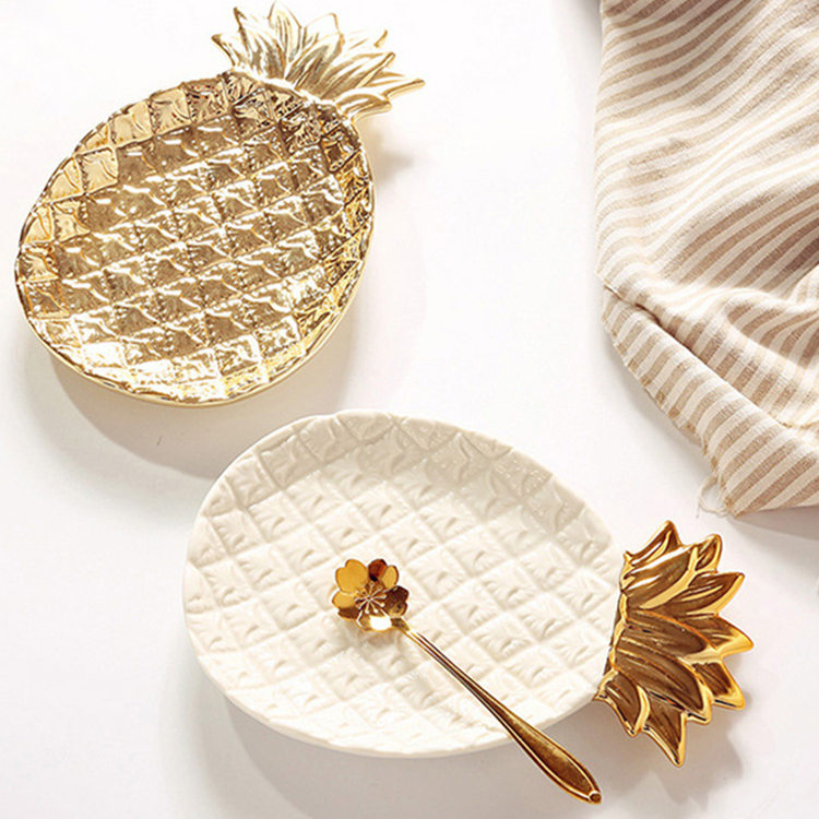Ceramic Jewelry Dish Tray Decorative Ring Dish Jewelry Plate Holder, Large Capacity Trinket Dish Gifts for Woman, Mom, Friends, White & Gold Pineapple