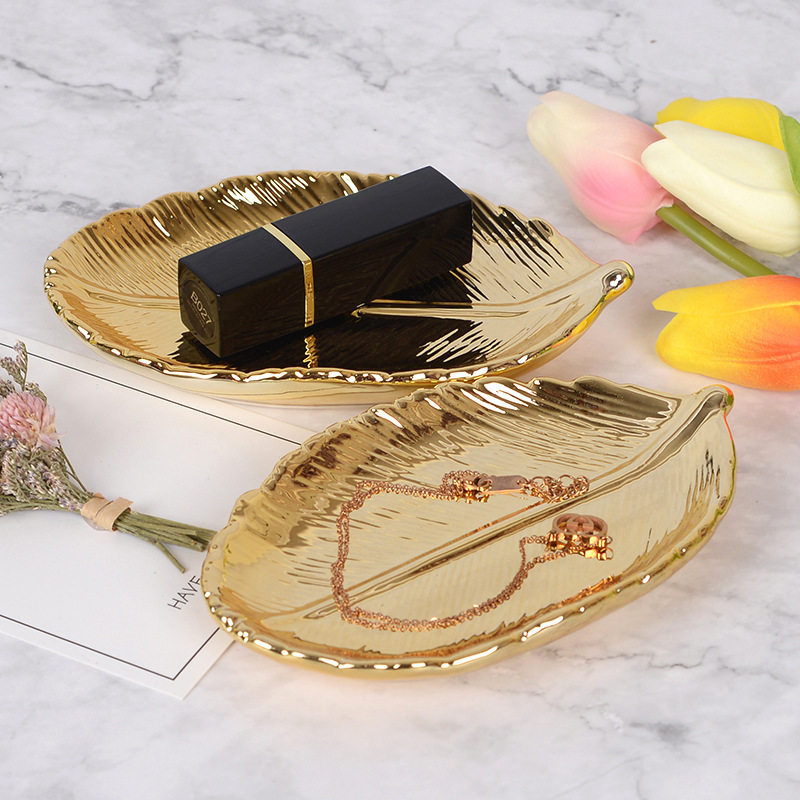 Key Tray Storage Boxes Decorative Table Top Decor Nordic Style Storage Tray Ceramic Storage Tray Golden Leaf Storage Tray Decorate Ceramics Golden Ring Jewelry Plate Key Tray