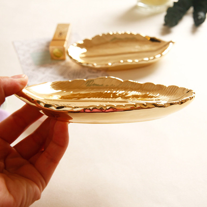 Key Tray Storage Boxes Decorative Table Top Decor Nordic Style Storage Tray Ceramic Storage Tray Golden Leaf Storage Tray Decorate Ceramics Golden Ring Jewelry Plate Key Tray